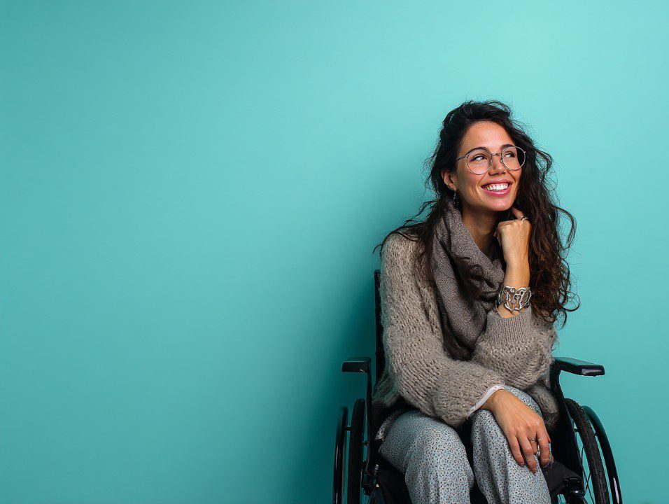 Smiling woman with long hair sitting in a wheelchair against a teal background, wearing glasses, a scarf, and cozy sweater.