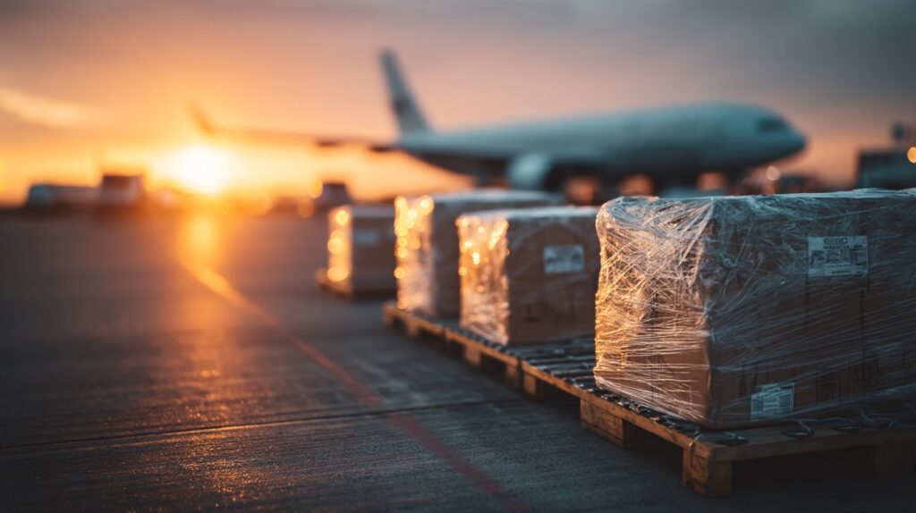 Cargo pallets wrapped in plastic sit on a tarmac at sunrise, with an airplane in the background ready for air freight loading.