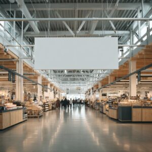 Large white rectangular sign hanging from the ceiling in a spacious, modern supermarket—ideal for branding or advertising mockups.