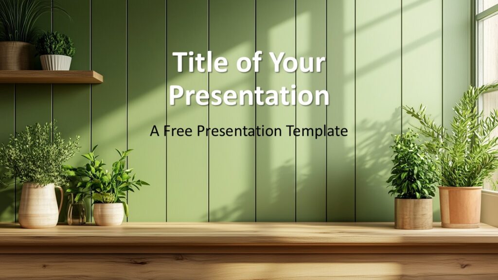 Title slide from the Botanical Shelf Template for PowerPoint and Google Slides with a sage green wood background and potted plants.