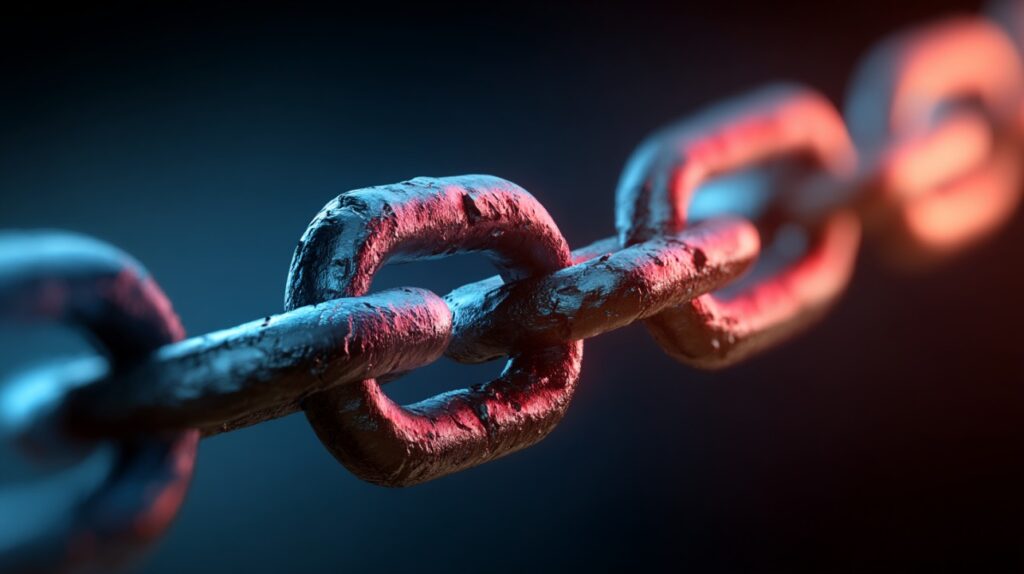 Close-up of a chain under red and blue lighting, symbolizing strength, connection, or breaking free from restraints.