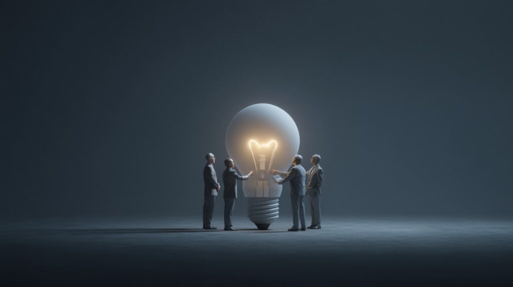Conceptual image of four businessmen surrounding a large glowing light bulb, symbolizing teamwork and innovative thinking.