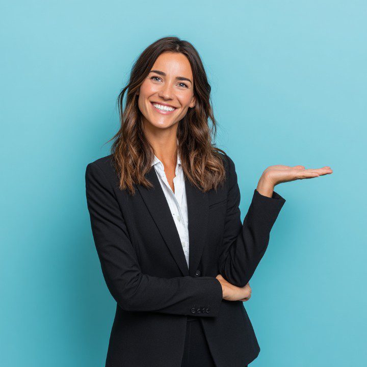 Businesswoman in a black suit smiling and gesturing with one hand on a solid light blue background, ideal for corporate use.