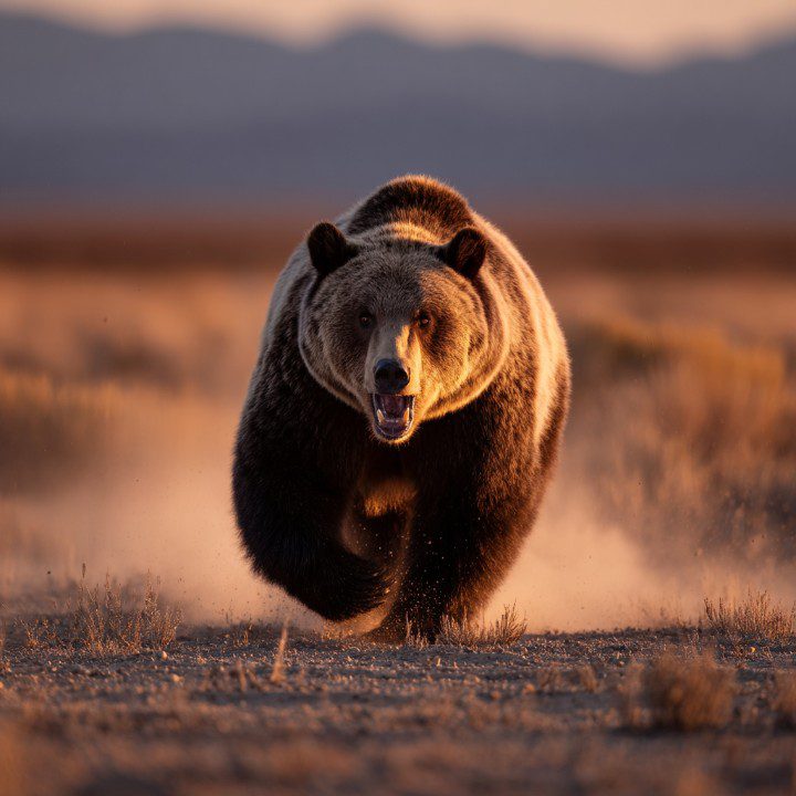 A powerful grizzly bear charges forward in a dusty wilderness landscape at sunset, captured in a dramatic wildlife moment.