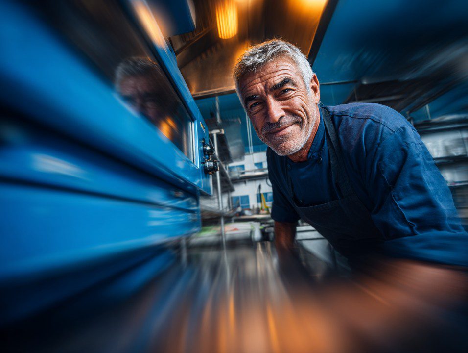 Experienced chef in uniform using a blue commercial oven in a stainless steel kitchen environment, smiling confidently.