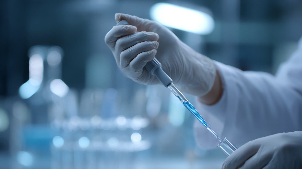 Close-up of gloved hands pipetting blue liquid into a test tube in a sterile laboratory setting.