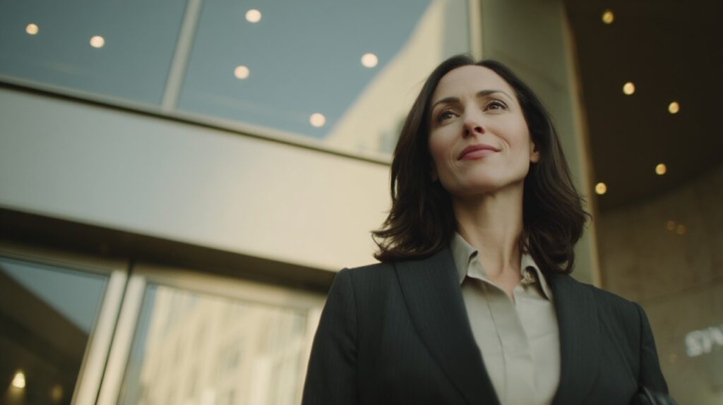 A confident businesswoman in a dark suit stands outside a modern office building, looking ahead with purpose and leadership.