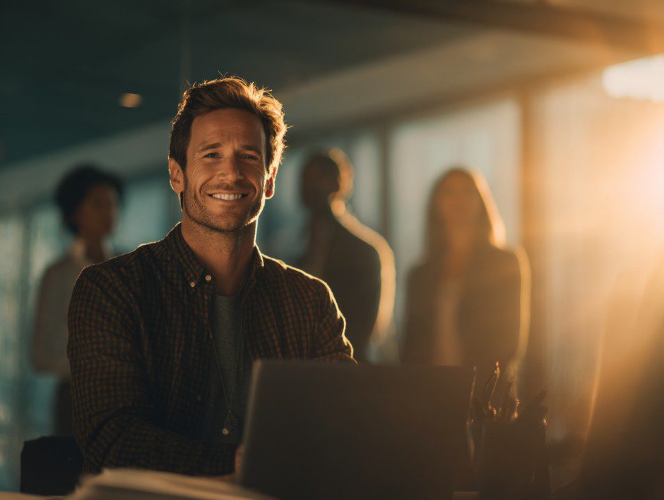 A confident entrepreneur smiling in a sunlit office, with a warm, golden atmosphere and modern workplace background.
