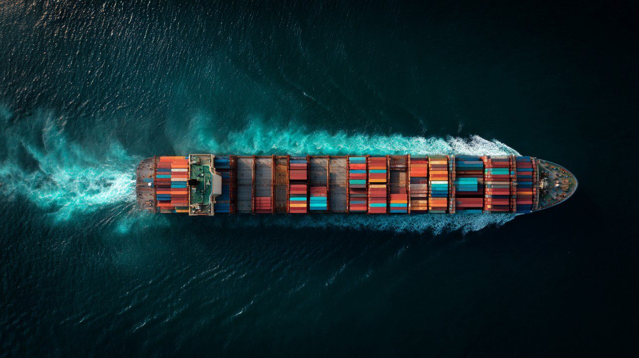 Cinematic top-down view of a container cargo ship moving through the ocean, loaded with multicolored shipping containers.