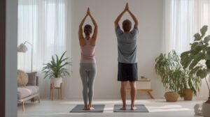 A man and woman perform a standing yoga pose on mats in a well-lit modern living room filled with natural light and plants.