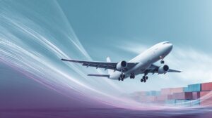 An airplane taking off with shipping containers below, representing international air transport and customs clearance services for USA imports.