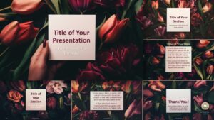 Elegant floral-themed slide deck preview for PowerPoint and Google Slides featuring cream boxes over dark tulip backgrounds.