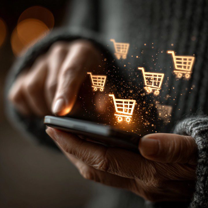 Close-up of hands using a smartphone with glowing shopping cart icons representing mobile e-commerce and retail interaction.