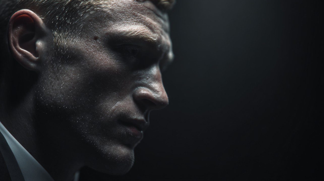 Close-up image of a serious man in a suit with dramatic lighting and a dark background, conveying leadership and intensity.