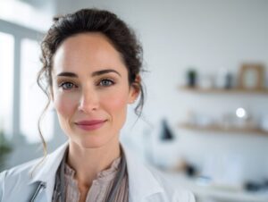 Portrait of a confident female doctor in a white coat standing in a modern medical office with a soft, warm expression.