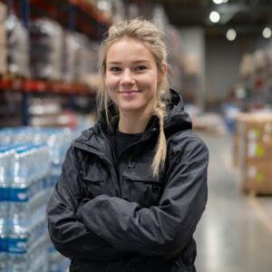 A young woman in a black jacket with arms crossed smiles confidently while standing in a large warehouse environment.