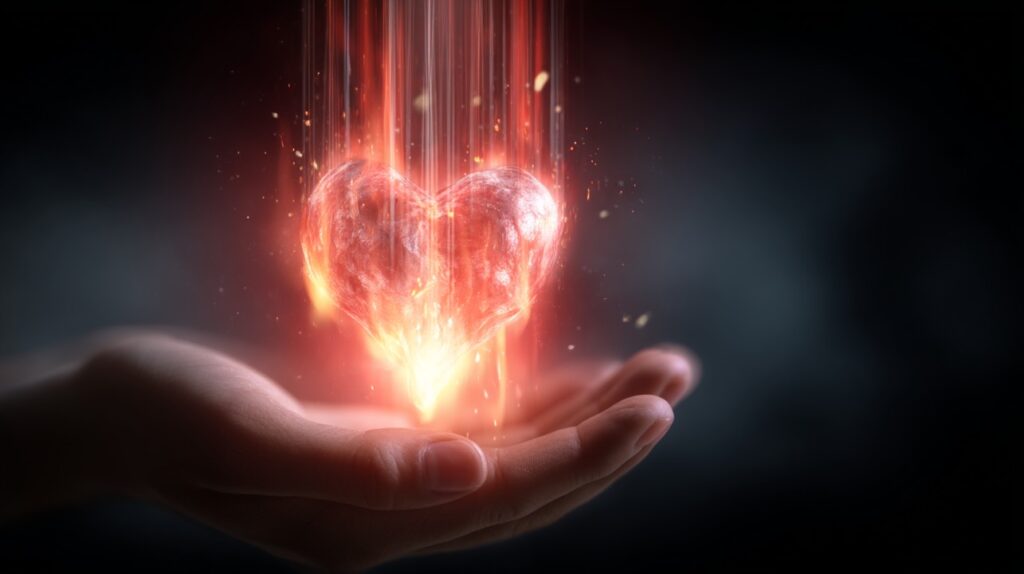 A fiery glowing heart held in a hand with beams of radiant light, symbolizing passion, love, and emotional intensity.