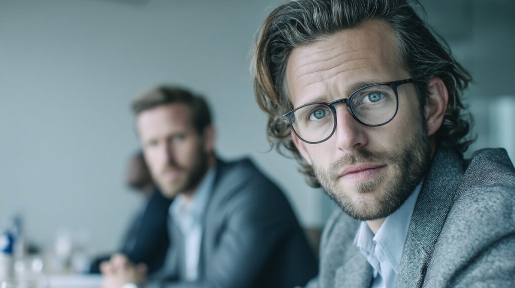 Two executives focused on a business meeting, one looking directly at the camera, with a professional, corporate background.