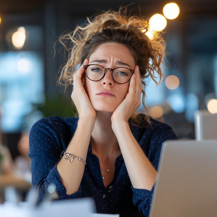 A frustrated woman wearing glasses sitting at her desk in an office, holding her face with both hands, portraying emotional fatigue and stress.