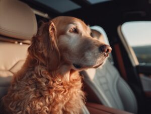 A Golden Retriever sitting in a car during the golden hour, bathed in warm, soft light, creating a calm and serene atmosphere.