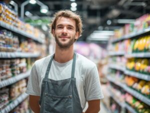 Young male grocery store stocker in a gray apron smiling while standing between shelves in a brightly lit aisle.