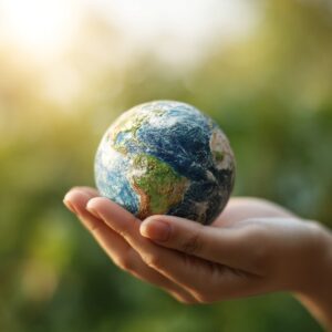 A realistic human hand gently cradling a miniature Earth, symbolizing environmental care and global sustainability.