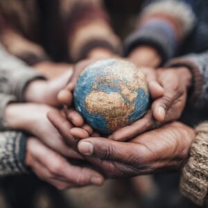 Multiple hands of different skin tones holding a globe, symbolizing unity, diversity, and shared responsibility for the planet.
