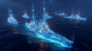 Fleet of glowing holographic battleships in a digital ocean scene, symbolizing futuristic naval technology and sci-fi warfare.