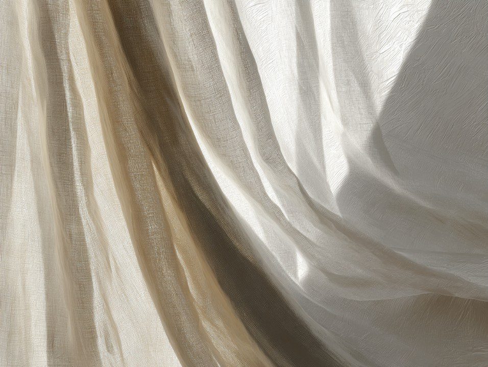 Cream-colored Japandi fabric drapes illuminated by soft natural light, creating a textured and minimalist visual aesthetic.