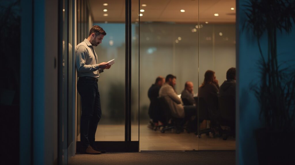 Cinematic image of a man reading notes while standing outside a glass-walled conference room where a meeting is in progress.