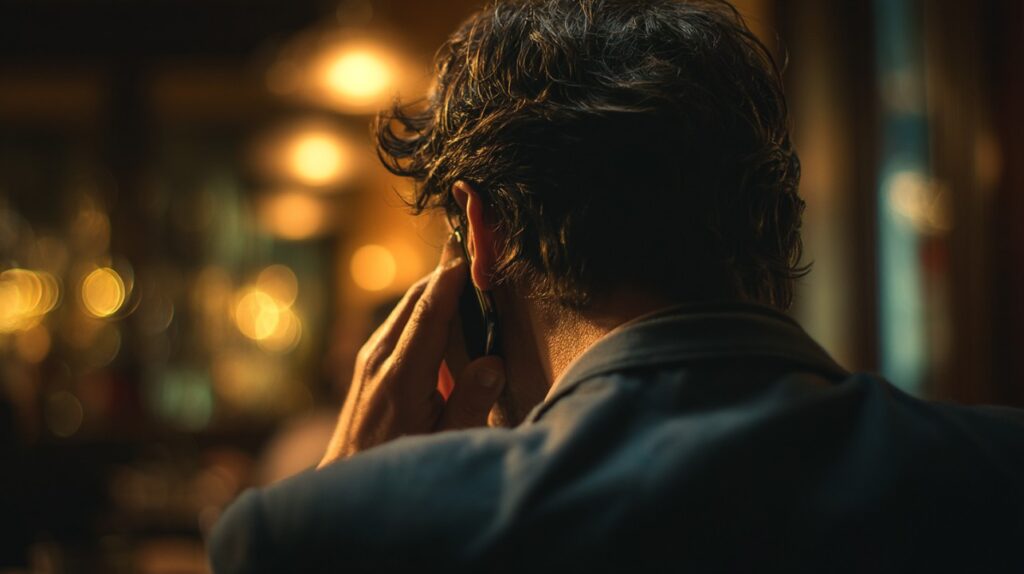 Cinematic close-up of a man talking on a phone in a dark, warm-lit room, viewed from behind with soft ambient bokeh.