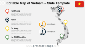 Light-themed Vietnam map template with editable provinces and city markers, designed for Google Slides and PowerPoint presentations.
