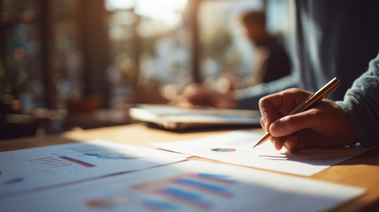 Marketing professionals analyzing business data and graphs for strategic decision-making in a corporate environment.
