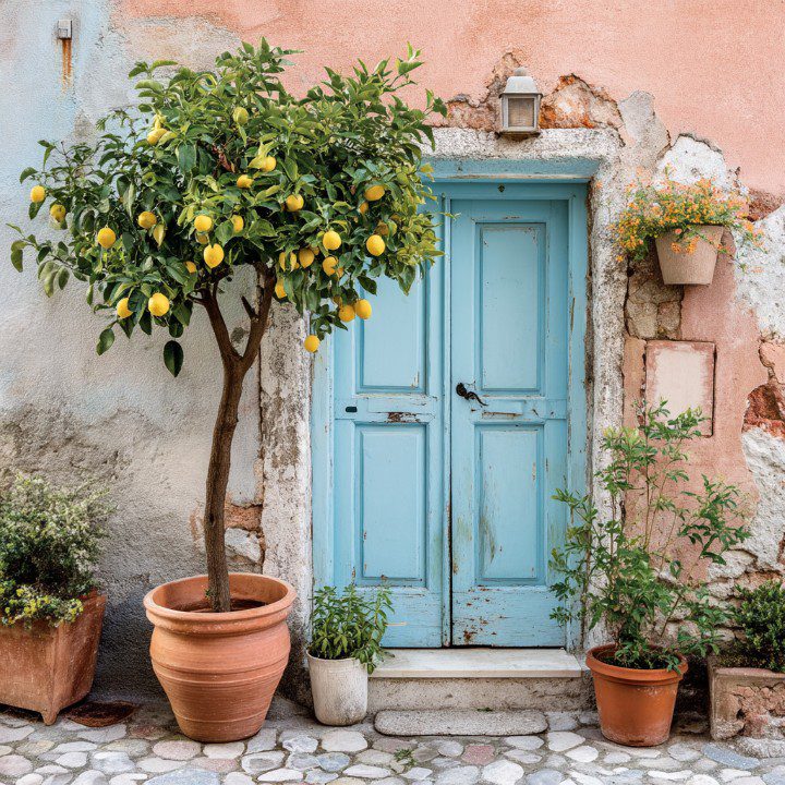 A rustic Mediterranean doorway with a weathered blue door, vibrant lemon tree, and terra-cotta pots—ideal for decor and travel themes.