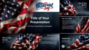 Widescreen Memorial Day Patriotic Template showing 6 elegant slides for PowerPoint and Google Slides with flag-themed design.