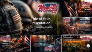 Widescreen layout preview of 6 editable Memorial Day slides for PowerPoint and Google Slides tribute presentations.