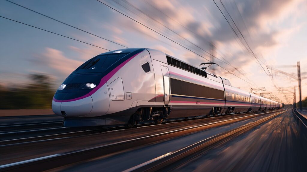 A futuristic bullet train speeding on electrified tracks at sunset, symbolizing efficiency and modern rail transport technology.