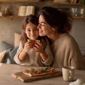A smiling mother embraces her daughter as they share a sandwich at a wooden table, creating a cozy family moment in a warmly lit kitchen.