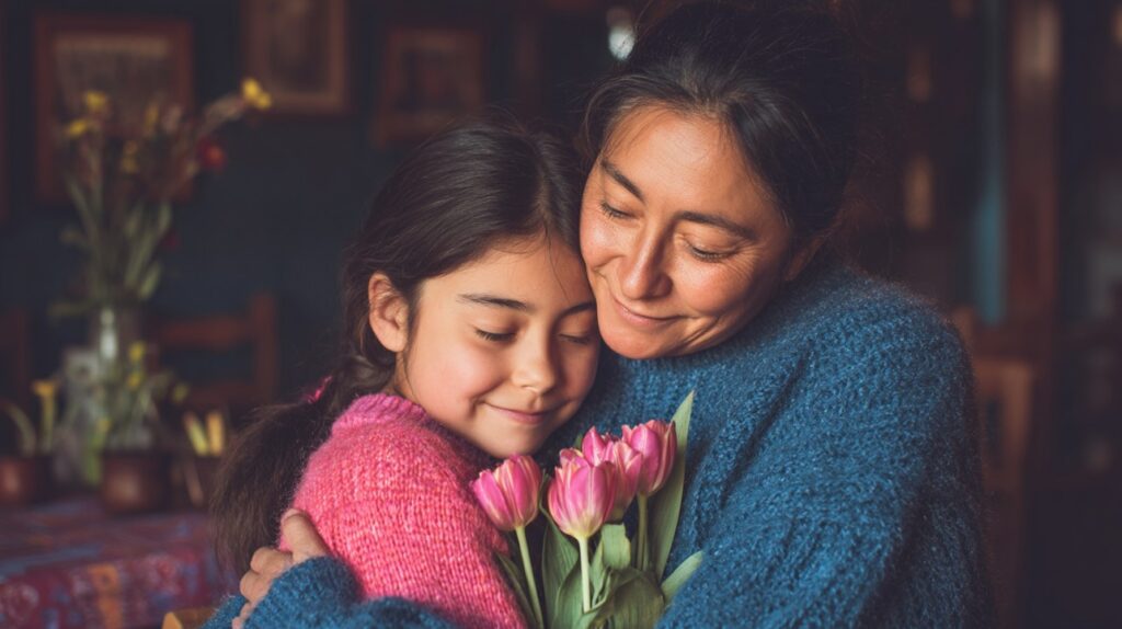 A loving mother and her daughter share a warm hug while holding pink tulips in a cozy, home setting.
