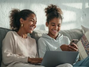 A happy mother and daughter sitting on a couch, using a laptop and smartphone while smiling and enjoying time together at home.