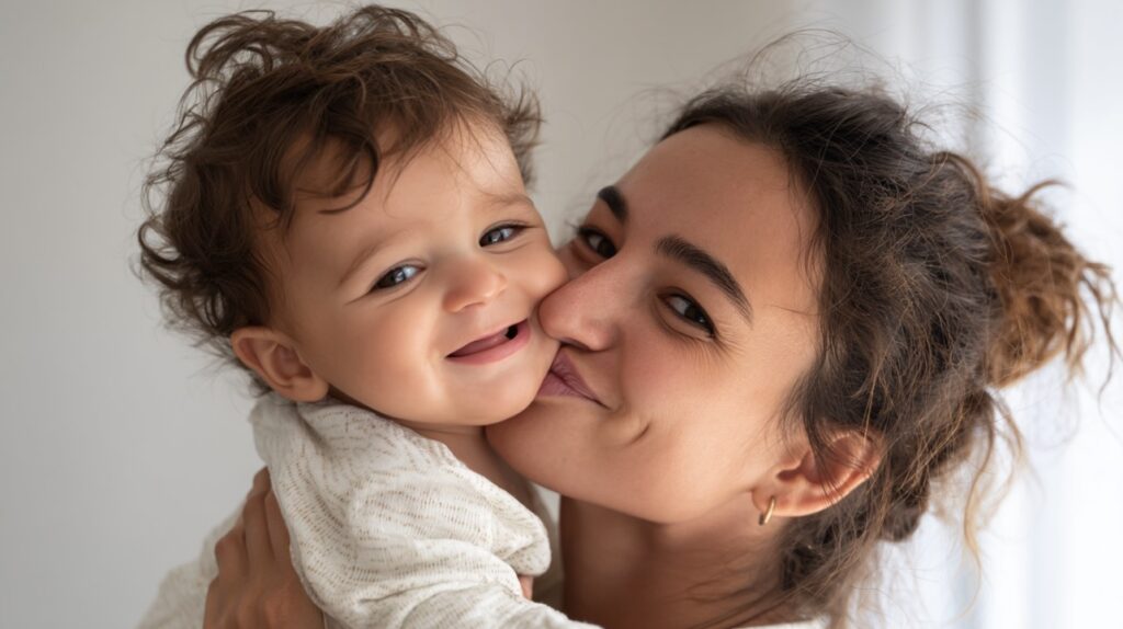 Young mother joyfully holding her smiling baby boy, capturing a tender moment of love and affection between parent and child.