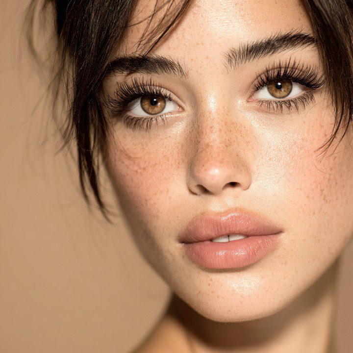 Close-up portrait of a young woman with radiant skin, soft makeup, and voluminous eyelashes, ideal for beauty and skincare use.