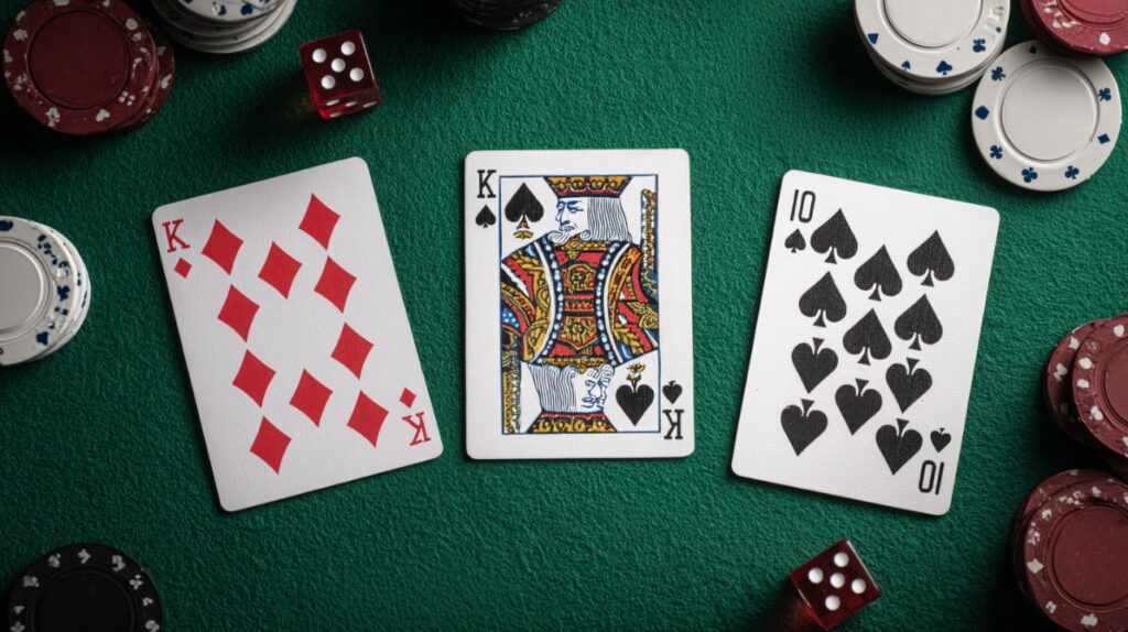 An overhead shot of three playing cards and poker chips on a green table, showcasing a casino game atmosphere.