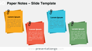 Editable paper notes template for PowerPoint and Google Slides in a light theme with four colorful sticky-style sections.