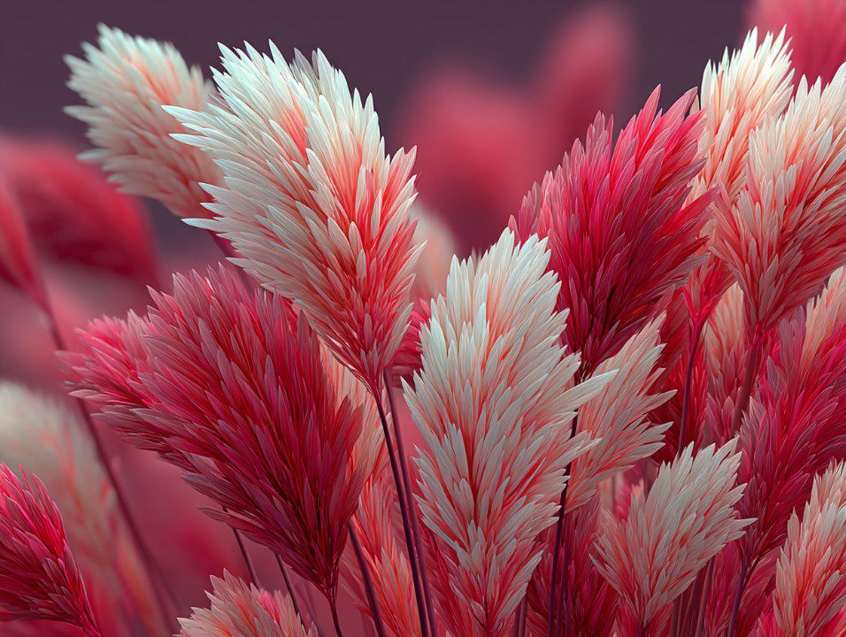 A 3D-rendered image of red and white stylized grass, with soft textures and vibrant colors, perfect for digital backgrounds.