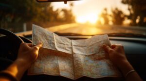 Hands holding a road map inside a car while driving at sunset, symbolizing travel planning and exploration.