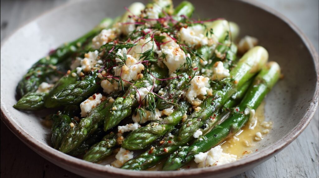 Close-up of roasted asparagus served with whipped feta, fresh herbs, and olive oil, presented in a ceramic dish.