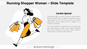 Editable PowerPoint and Google Slides template showing a dynamic shopper woman on a light background with a minimalist retro aesthetic.