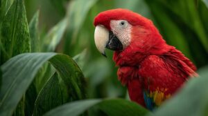 A vibrant Scarlet Macaw with bright red feathers and a powerful beak perched among lush green jungle leaves.