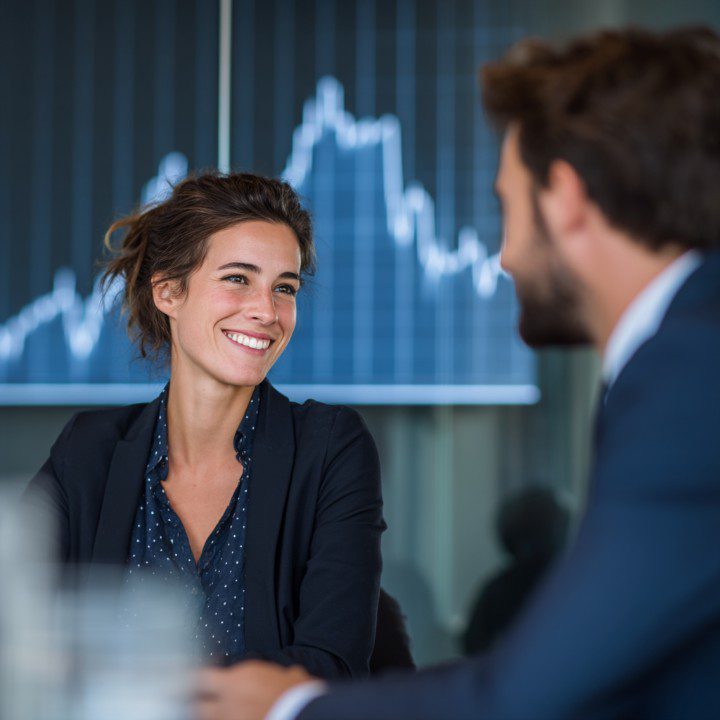 A smiling businesswoman speaks with a colleague during a financial meeting, with a digital stock chart visible in the background—representing leadership and strategy.